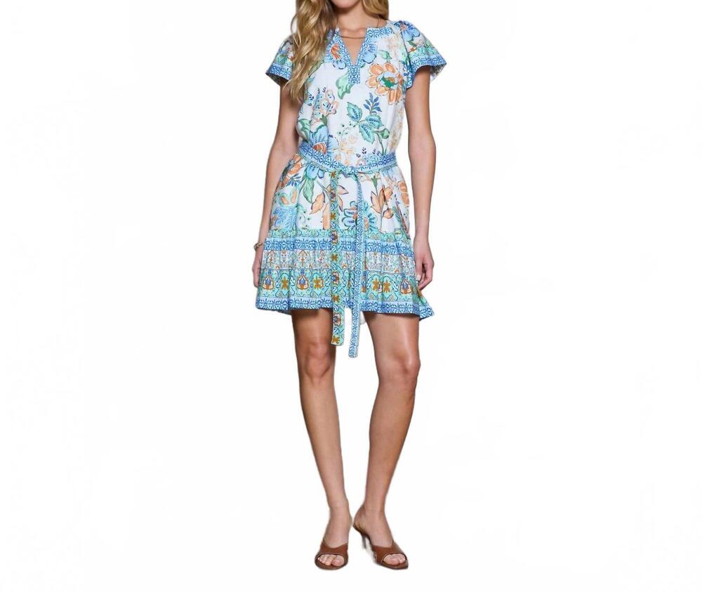 NEW CURRENT AIR floral printed belted mini dress in blue multi